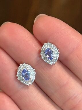 Genuine Tanzanite oval cut 6x4mm & Zircon Baguette Earrings 925 Sterling Silver
